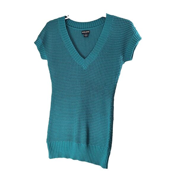Guess Jeans Womens Short Sleeve V-Neck Sweater tunic length teal size large - Picture 1 of 6